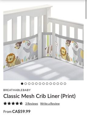 BreathableBaby Classic Mesh Crib Liner - Gray/White with Safari Print